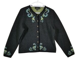 Icelandic Design Boiled Wool Embroidered Jacket Gray Floral Button Cardigan‎ M